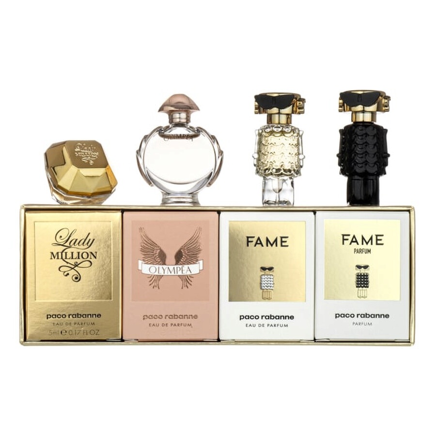 Paco-Rabanne-Set-Miniatures-4ml-1-Millionolympeafamefame-Parfum פאקו רבאן סט מיניאטורות - Paco Rabanne Set Miniatures 1 Million + Olympea + Fame + Fame Parfum - סט בשמים לגבר ולאישה - 4 מ"ל (כל בקבוק) מגוון ריכוזים (מקורי)